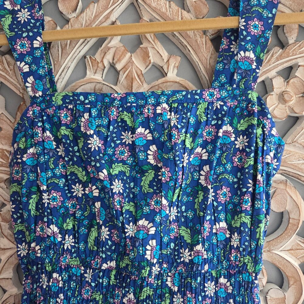 LOFT Blue Floral Shirred Flounce Maxi Dress 100% Cotton Sz XXS - Picture 4 of 9